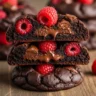 Macro close-up of a stack of fudgy raspberry dark chocolate cookies, one broken to show gooey chocolate and fresh raspberries inside.