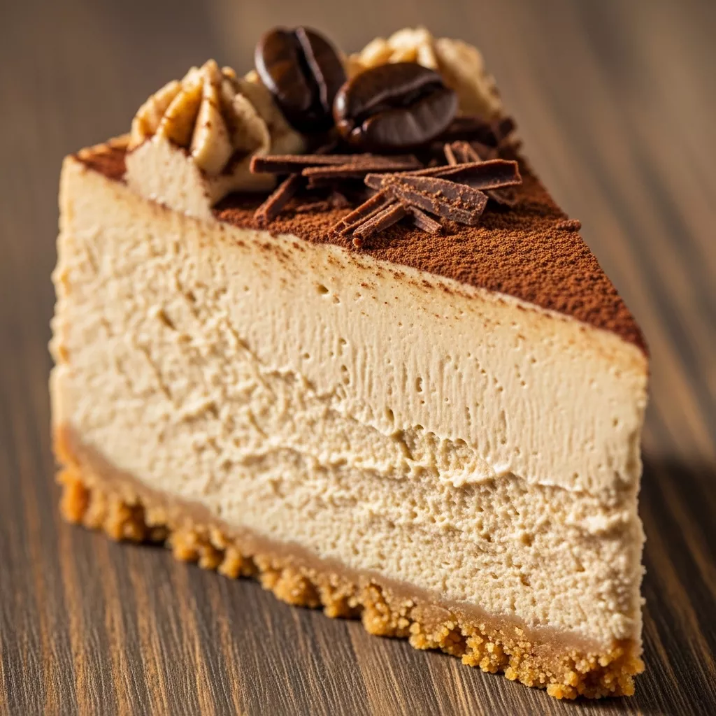 Macro close-up of a slice of Decadent Espresso Bliss Cheesecake with cocoa powder, chocolate shavings, and coffee beans on a rustic wooden board.
