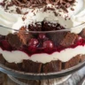 Macro close-up of a layered No-Bake Black Forest Trifle for Christmas, showing chocolate cake, cherry compote, and vanilla cream.