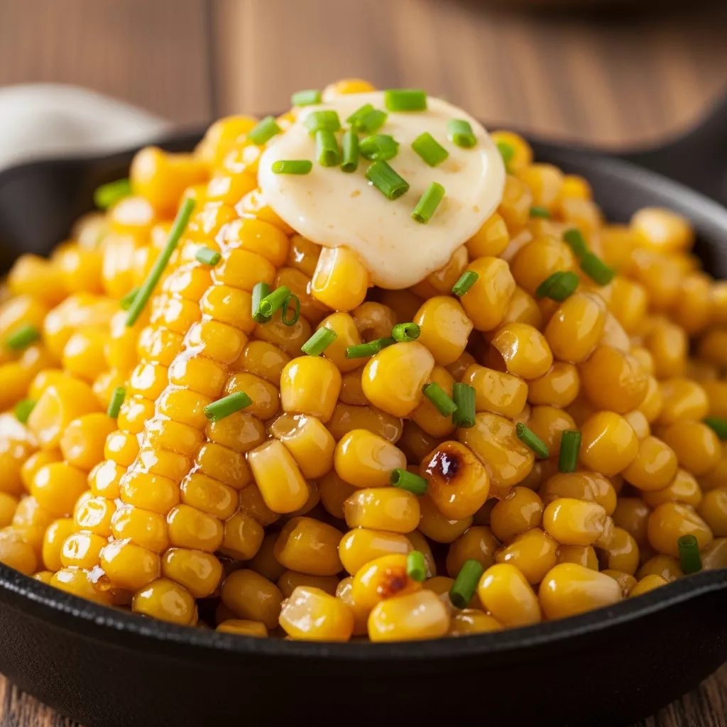 Macro close-up of golden skillet corn with sweet honey butter glaze, garnished with fresh chives, in a rustic serving dish.