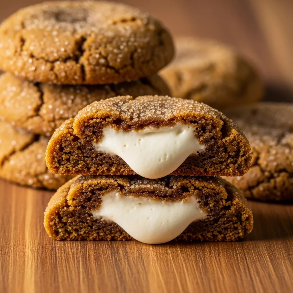 Soft-Baked Molasses Cream Pie Bliss Cookies, one cut in half revealing creamy vanilla filling.