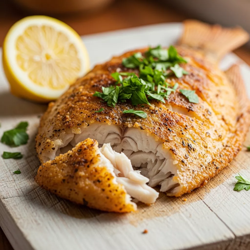 Macro close-up of crispy, golden-brown air fryer tilapia garnished with fresh parsley and lemon.