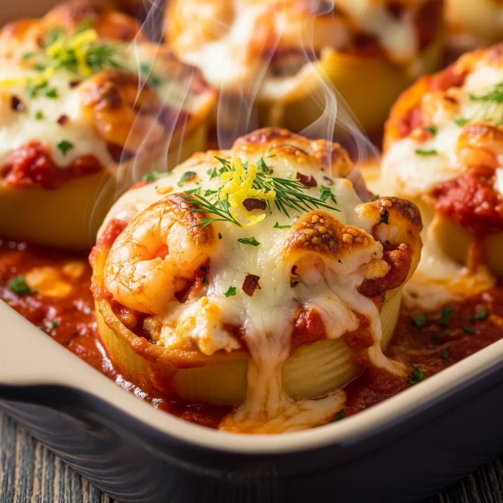 Macro close-up of golden baked Velvet Tide Indulgent Creamy Seafood Stuffed Shells in marinara sauce, topped with melted cheese and fresh herbs.