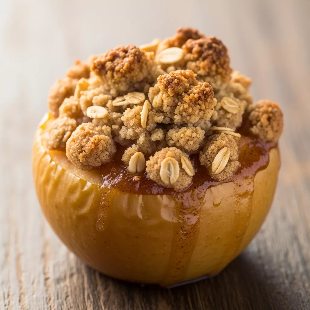 Macro close-up of a single Individual Baked Apple Crisp Bomb with golden streusel topping on a rustic wood surface.