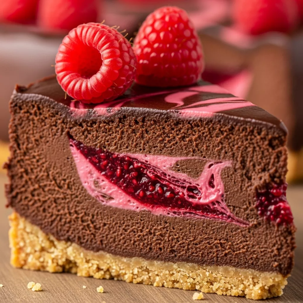 Macro close-up of a slice of Velvet Dark Chocolate Raspberry Dream Cheesecake with a marbled raspberry swirl and fresh raspberries on a rustic surface.