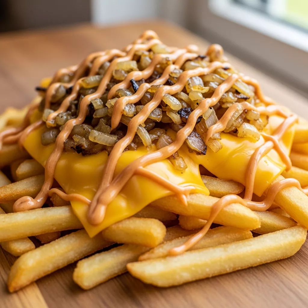 Close-up of golden crispy Air Fryer Animal Style Fries loaded with gooey melted American cheese, deeply caramelized onions, and tangy secret sauce.