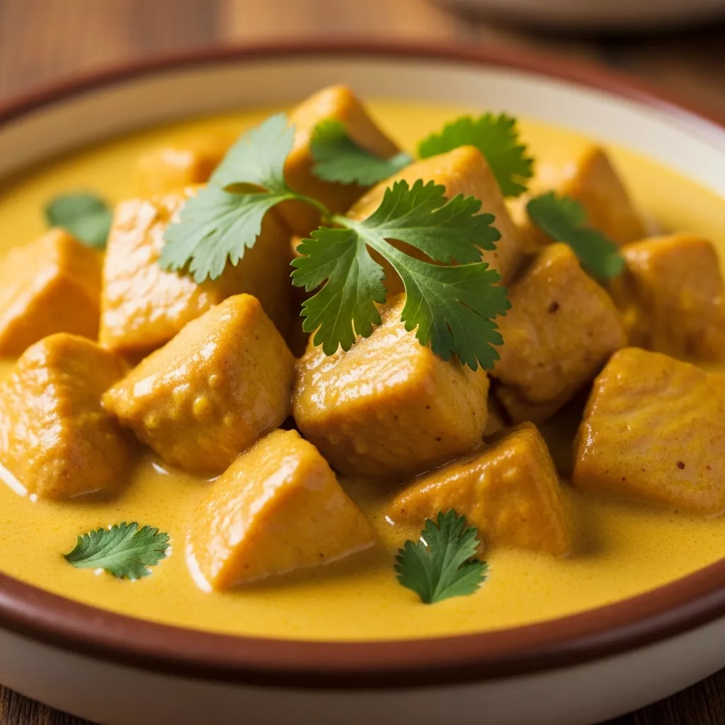 Macro close-up of Zesty Golden Aji Amarillo Cream Chicken garnished with cilantro in a rustic bowl.