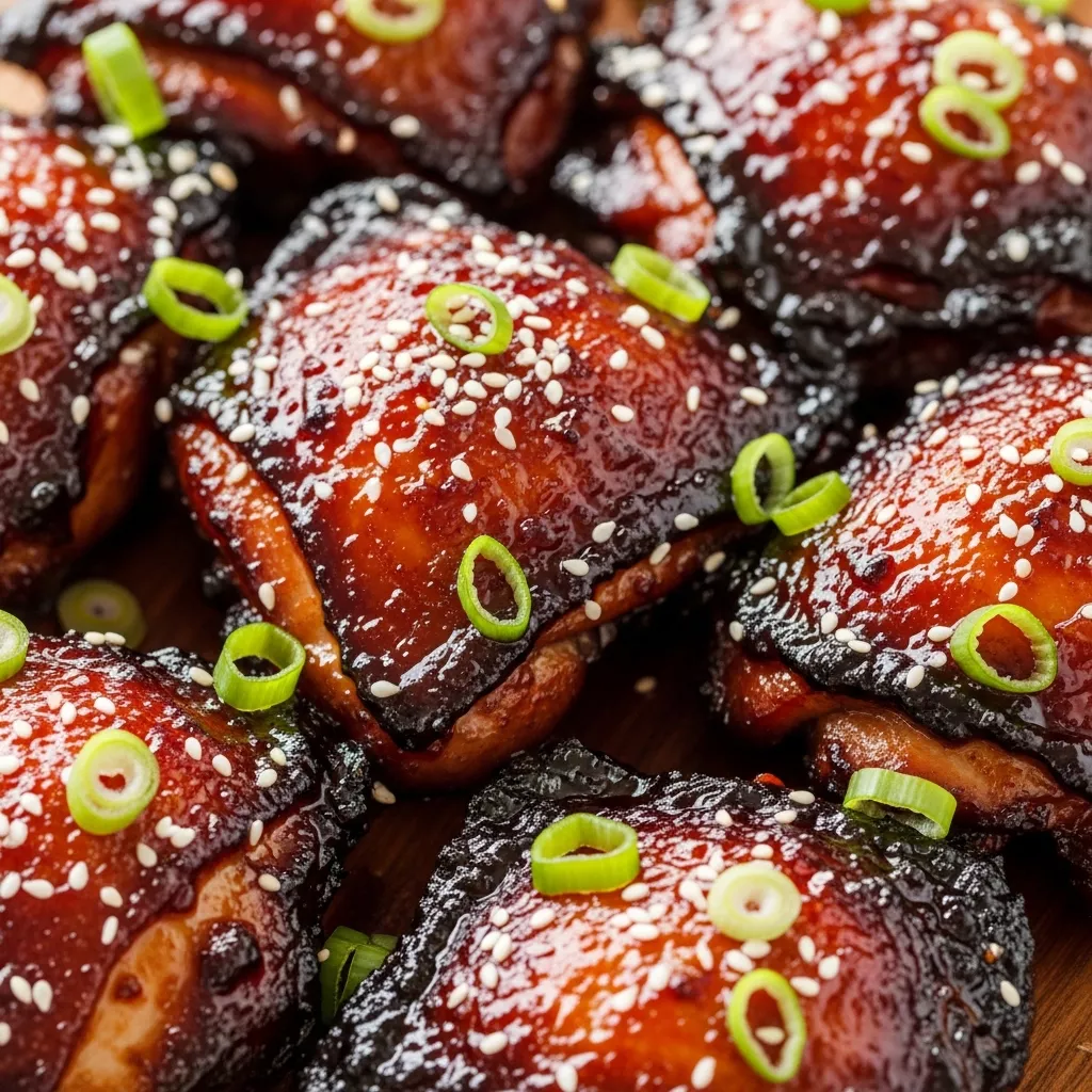 Macro close-up of glossy, sticky Char Siu Chicken with sesame seeds and green onions on a rustic wood board.