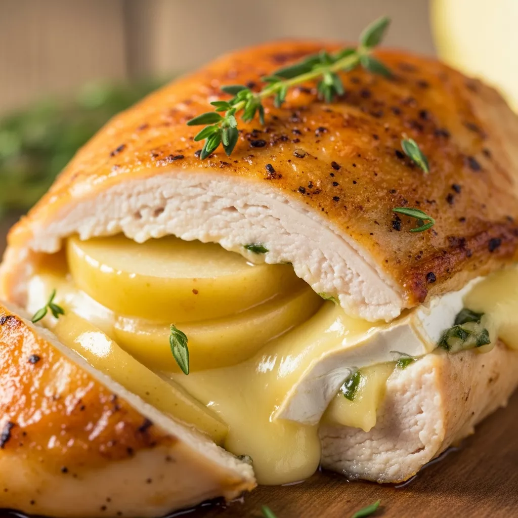 Macro close-up of a golden brown Gourmet Golden Apple & Brie Stuffed Chicken Breast, sliced open to reveal melted Brie cheese and sweet apple slices inside, garnished with fresh thyme on a rustic wooden board.