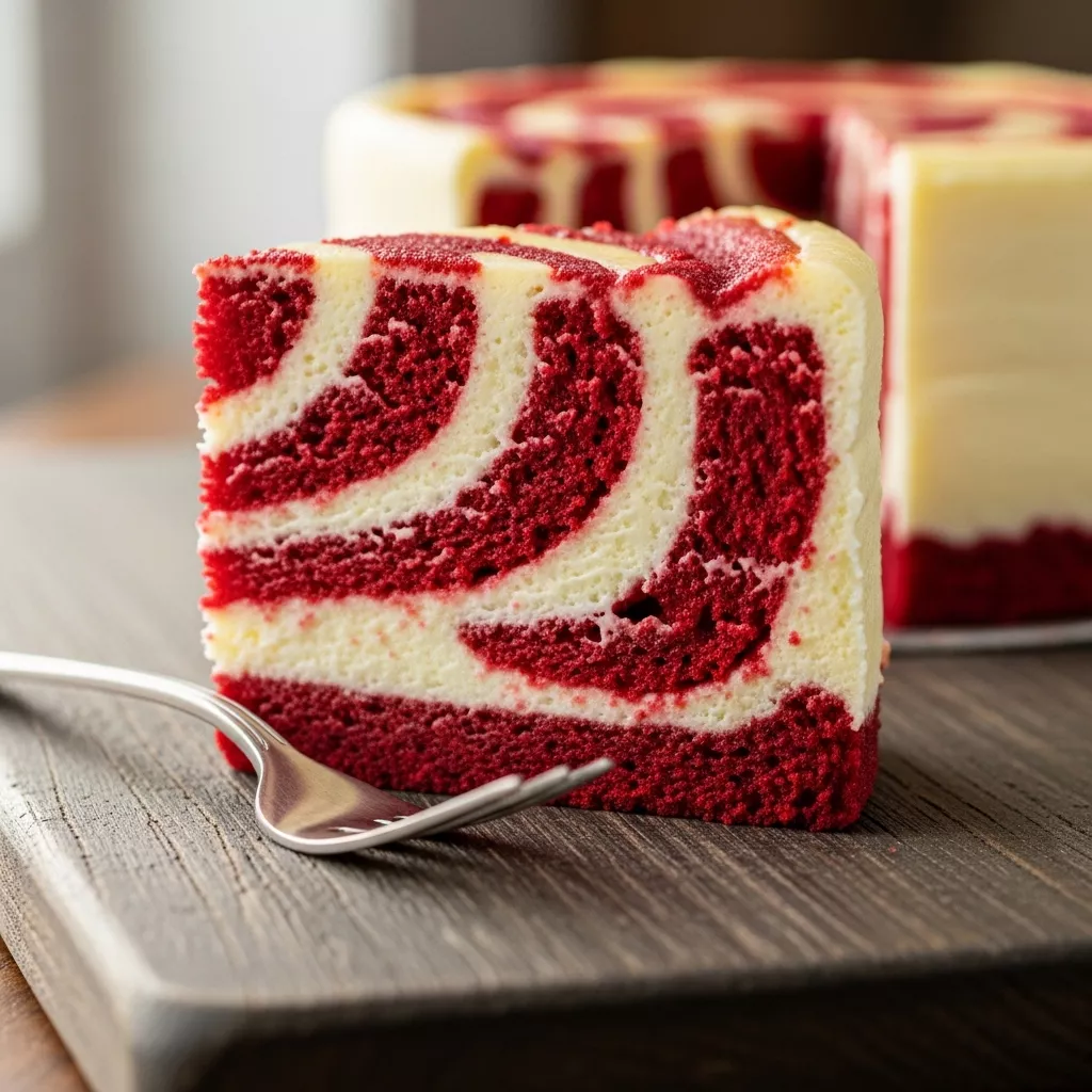 A stunning macro close-up of a slice of Red Velvet Cheesecake Swirl Cake, revealing vibrant red and creamy white ribbons on a rustic wooden board.