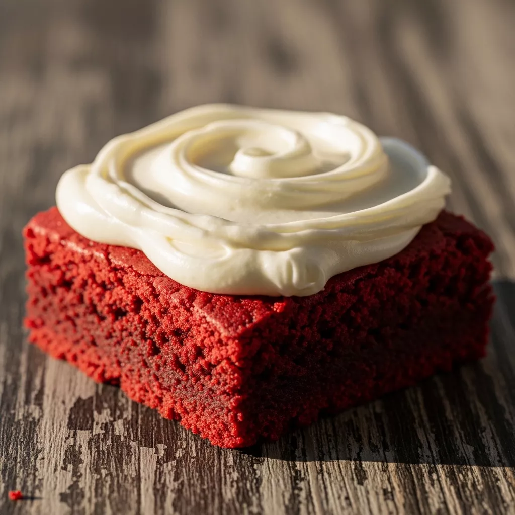 Macro close-up of a vibrant red velvet brownie square with a generous, swirled cream cheese frosting on a rustic wood surface.