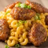 Close-up of sweet and spicy honey pepper chicken mac and cheese garnished with fresh parsley.