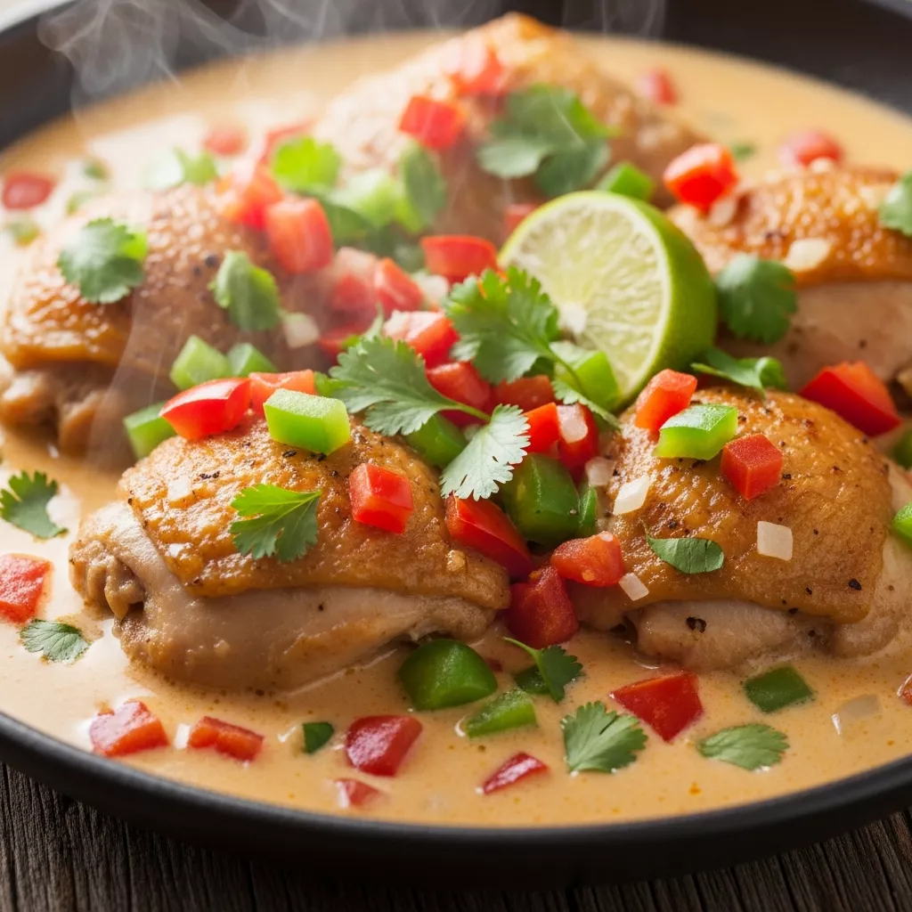 Macro close-up of creamy Brazilian coconut chicken simmer with lime and cilantro garnish