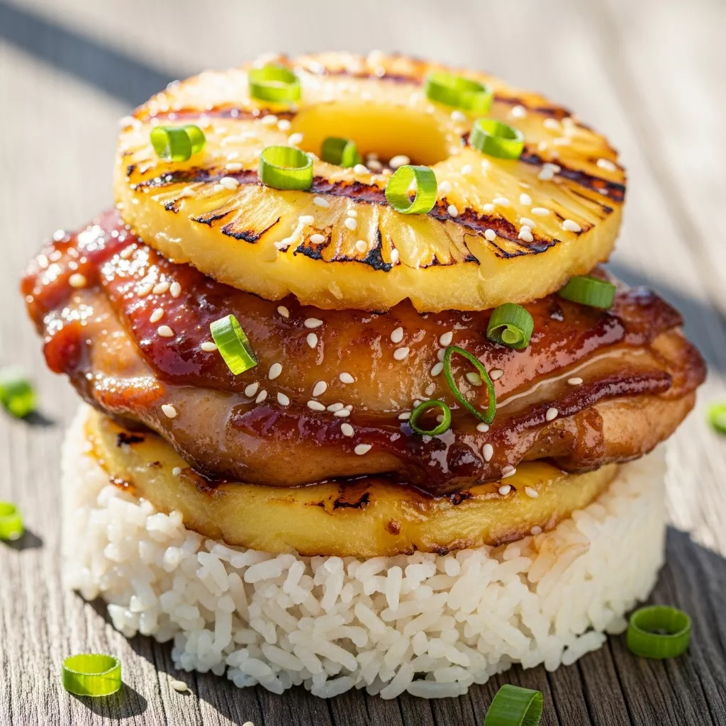 Golden Hawaiian Huli Huli Chicken and Pineapple Stacks served over jasmine rice, garnished with green onions and sesame seeds.