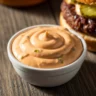 Macro close-up of vibrant, creamy Secret Smash Burger Sauce with subtle pickle flecks on a rustic wood surface.
