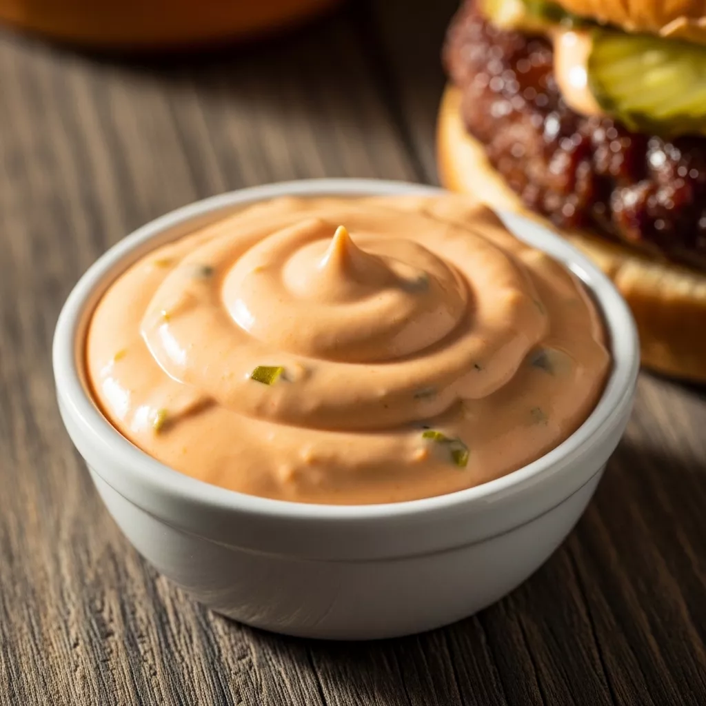 Macro close-up of vibrant, creamy Secret Smash Burger Sauce with subtle pickle flecks on a rustic wood surface.