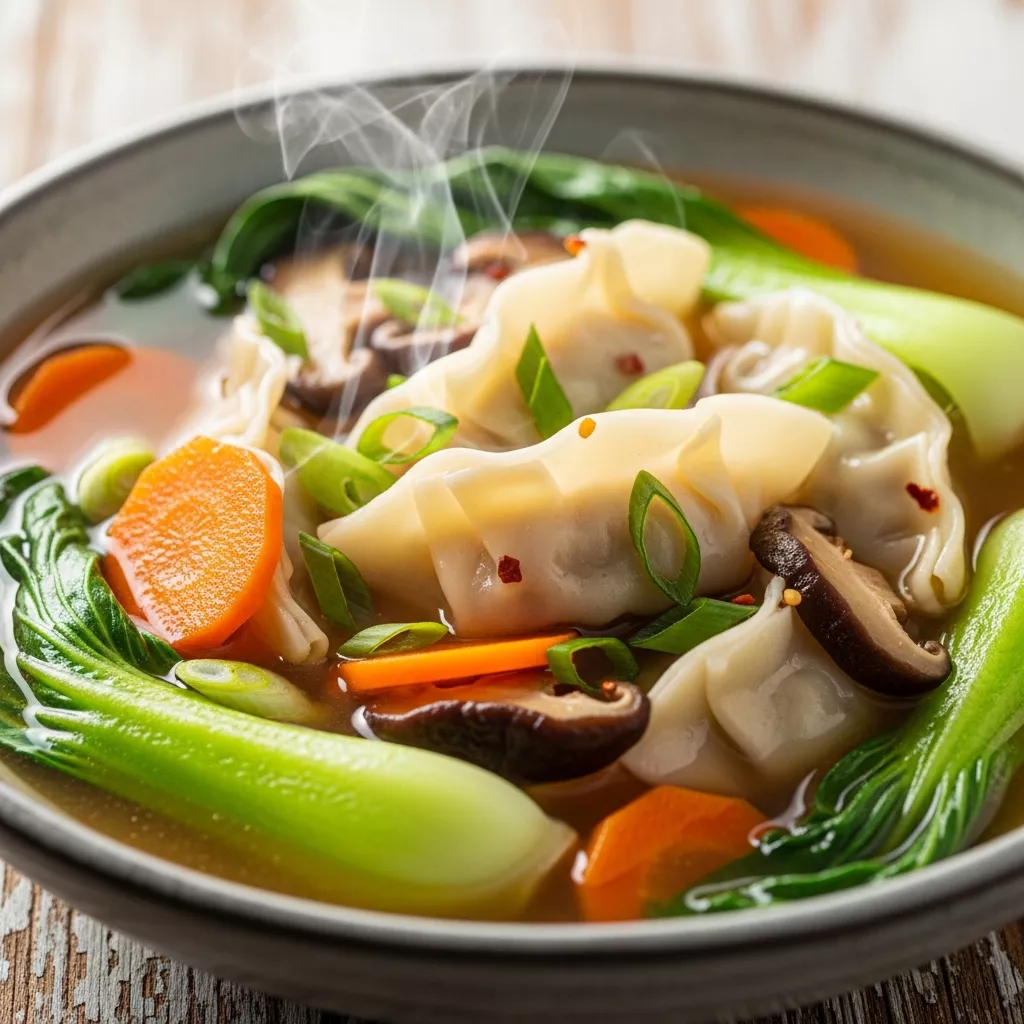 Steaming bowl of Quick & Heartwarming Umami Chicken Gyoza Soup with chicken gyozas, baby bok choy, shiitake mushrooms, carrots, green onions, and red pepper flakes on a rustic wooden table.