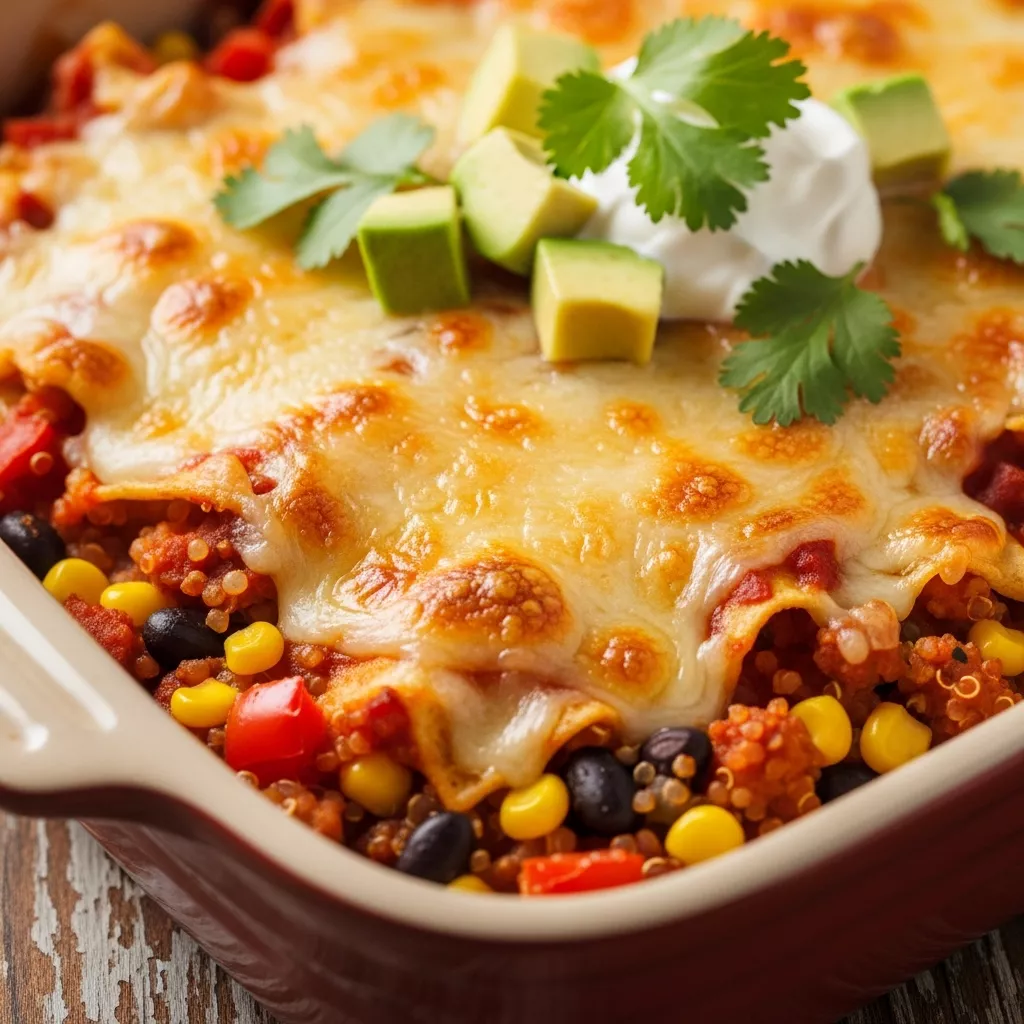 Macro close-up of Zesty Southwest Quinoa Enchilada Bake with melted cheese, cilantro, and avocado.