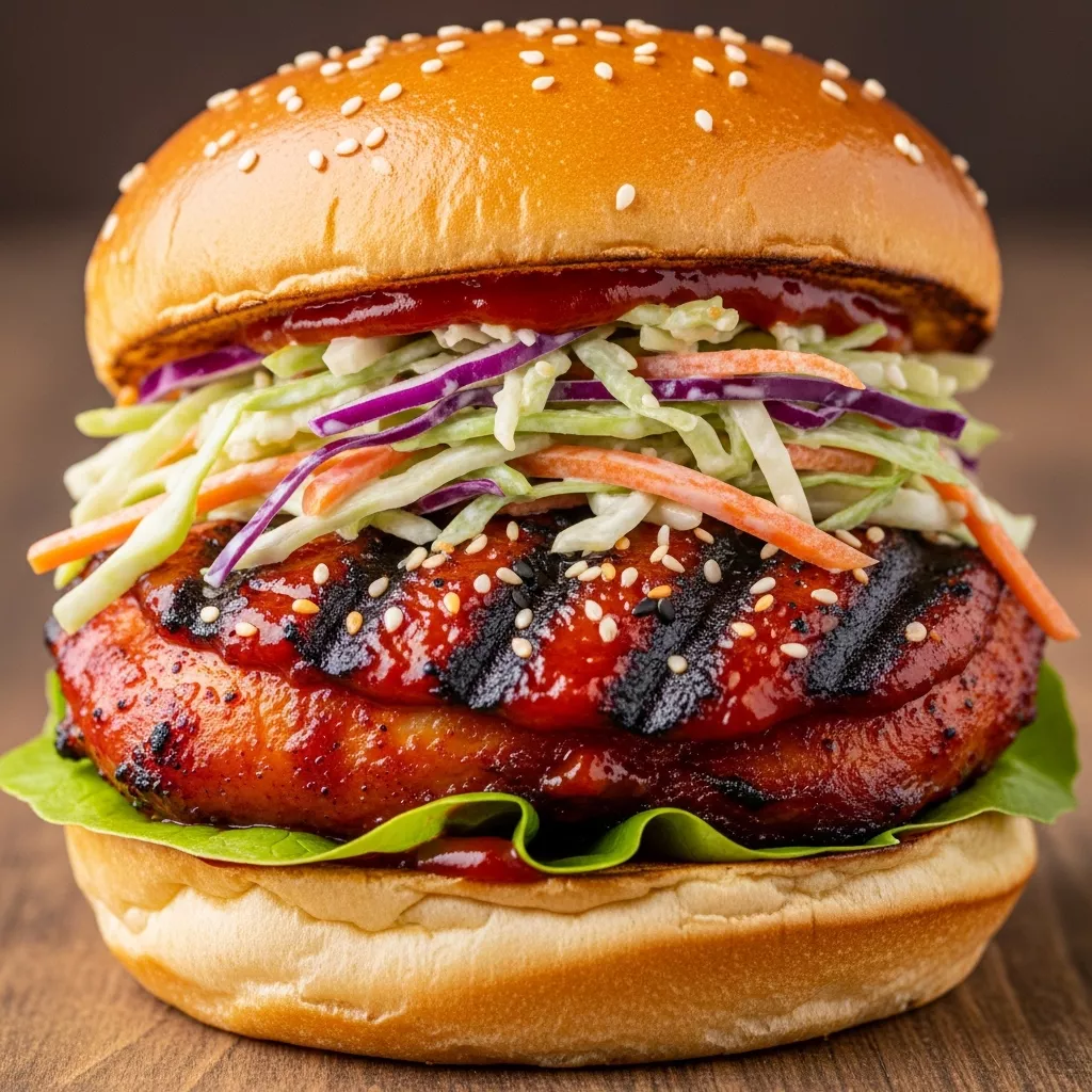 Macro close-up of a Spicy Korean BBQ Chicken Sandwich with Zesty Slaw, showing rich gochujang chicken and creamy slaw.