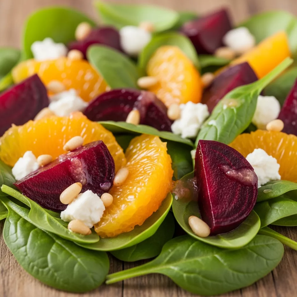 Macro close-up of vibrant beet and orange spinach salad with feta and pine nuts.