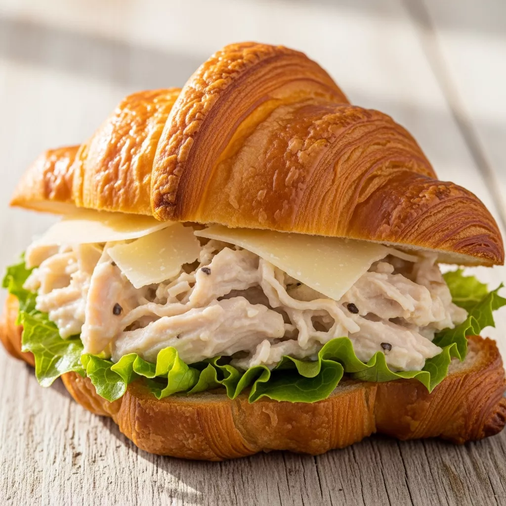 Macro close-up of a golden, flaky chicken Caesar croissant melt with creamy filling and crisp romaine on a rustic wooden board.