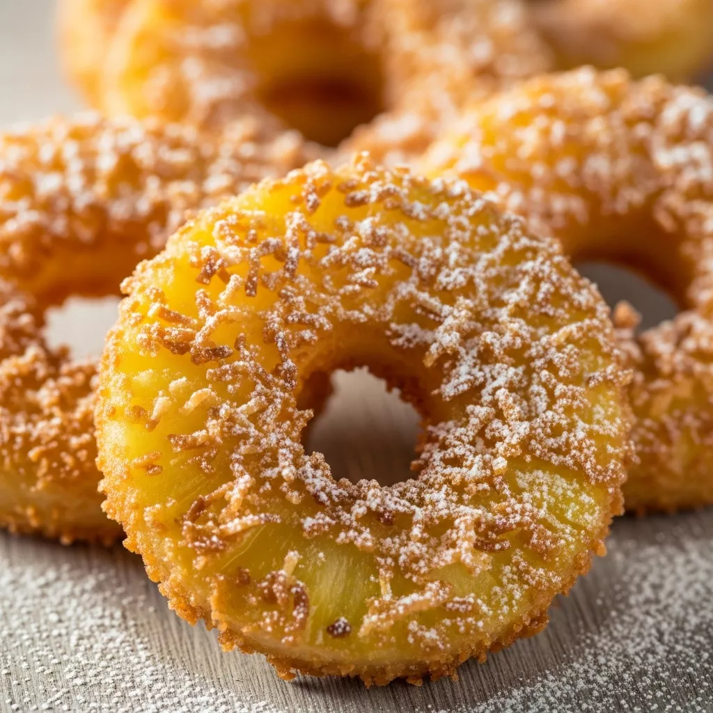 Close-up of golden fried pineapple rings with toasted coconut crust, dusted with powdered sugar.
