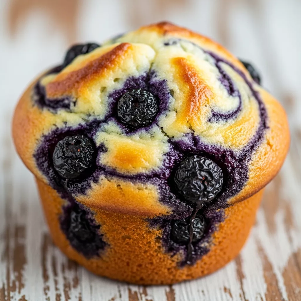 Macro close-up of a moist blueberry swirl cream cheese muffin with golden top and juicy berries on a rustic wooden surface.