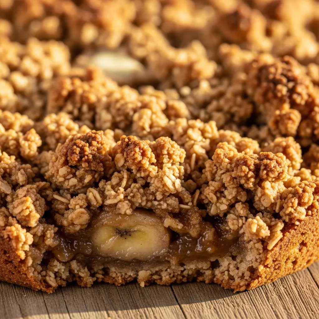 Golden Spiced Banana Oat Crumble in a rustic baking dish, warm and comforting, with a crispy golden topping.