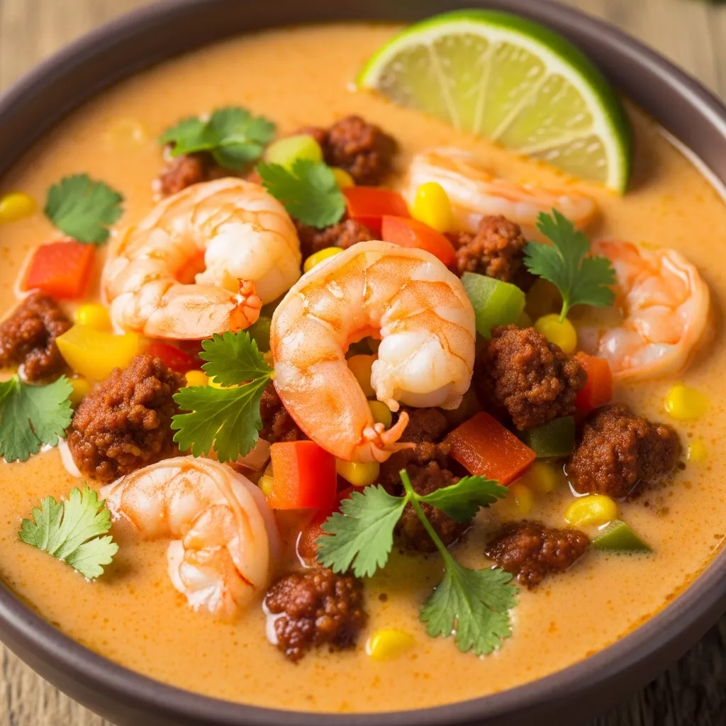 Macro close-up of Creamy Coconut Shrimp and Beef Chorizo Chowder in a rustic bowl, garnished with cilantro and a lime wedge.