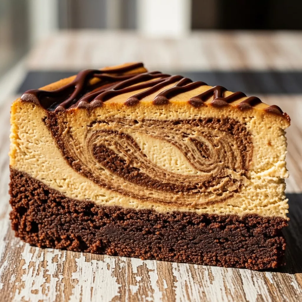 A close-up of a slice of Velvety Mocha Swirl Brownie Cheesecake Bliss, showing distinct layers of fudgy brownie, creamy cheesecake, and espresso swirls.
