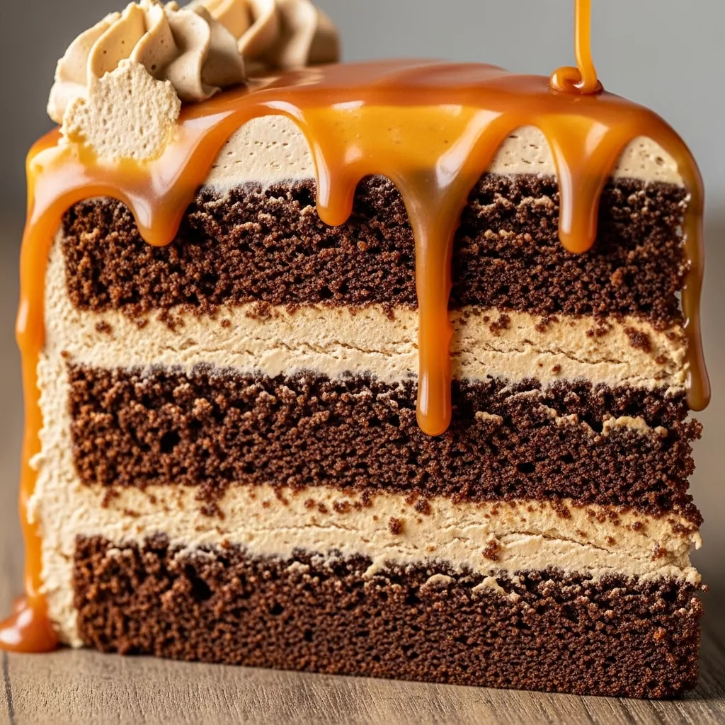 Macro close-up of a slice of decadent Divine Caramel Coffee Buttercream Cake with rich coffee layers, silky coffee buttercream, and glistening caramel drizzle.