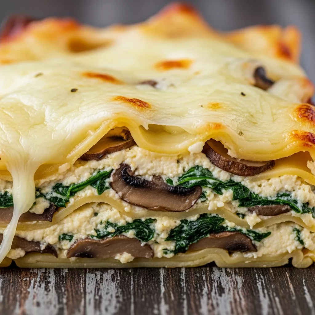 Macro close-up of a thick slice of creamy spinach mushroom lasagna with melted cheese, béchamel, and visible vegetable layers.