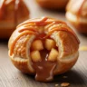 Close up of a golden apple caramel bomb oozing melted caramel and spiced apples