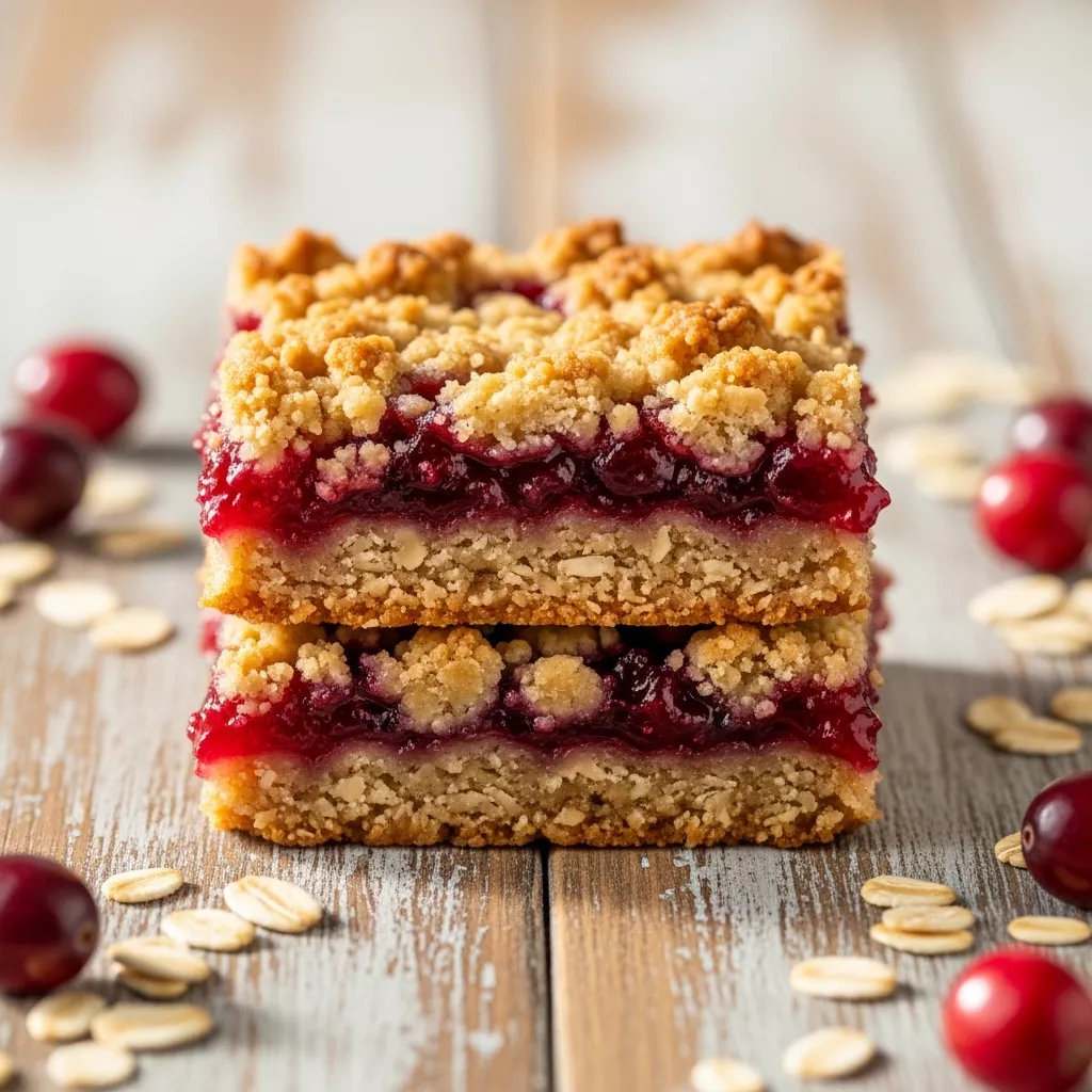 Macro close-up of a Wholesome Cranberry Oat Bar, showing layers of oat base, vibrant cranberry filling, and crumbly streusel.