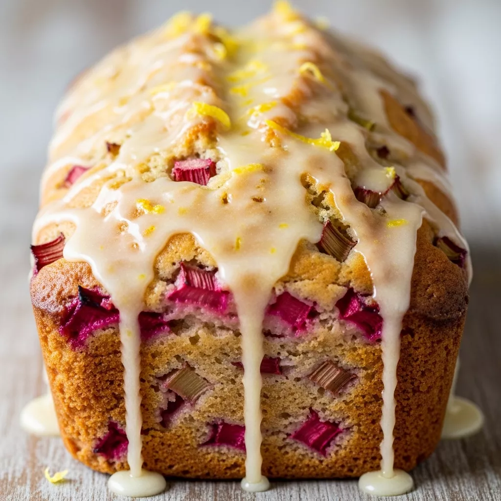 A close-up of a Zesty Rhubarb Sunshine Loaf with Lemon Glaze, showing its moist crumb and bright pink rhubarb pieces, covered in a glossy lemon glaze.