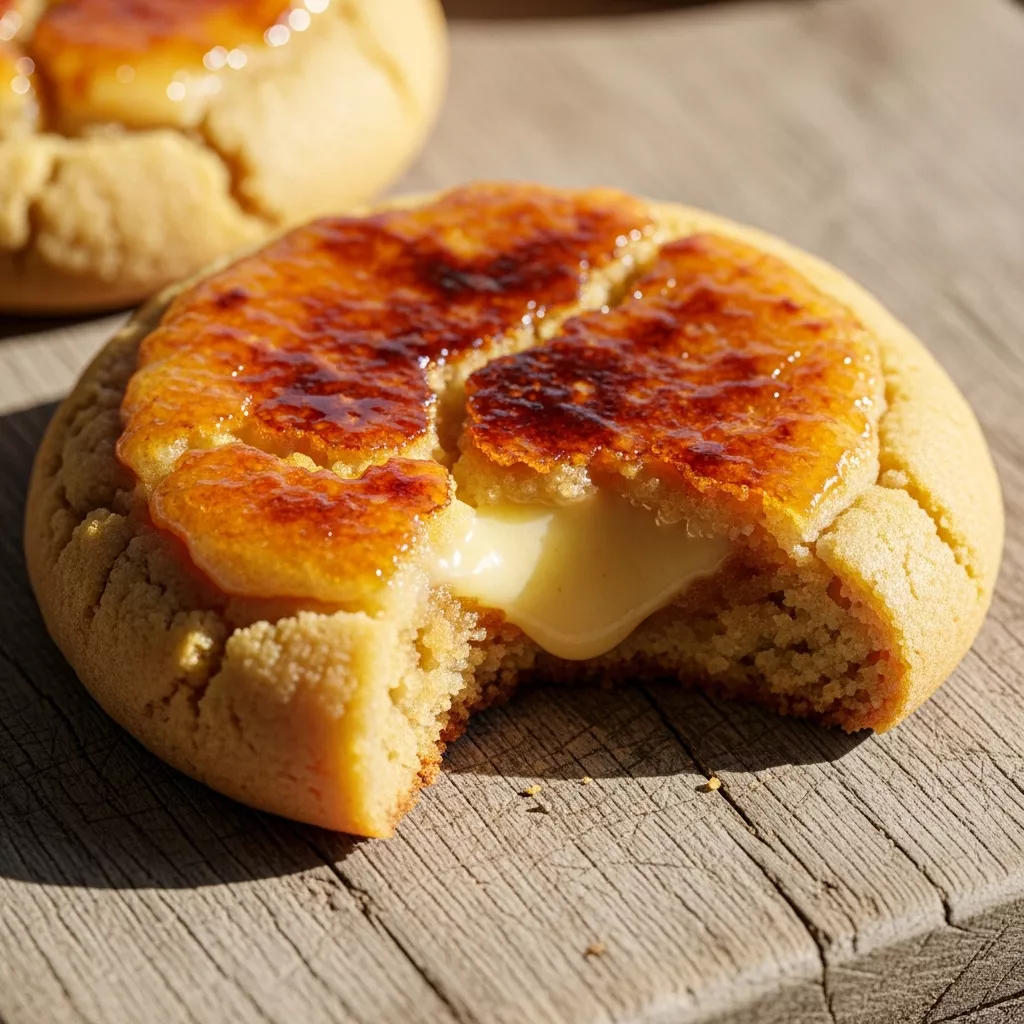 Macro close-up of a Golden Torch-Kissed Creme Brulee Cookie with a perfectly caramelized sugar crust, revealing a soft golden cookie and creamy custard filling on a rustic wooden surface.