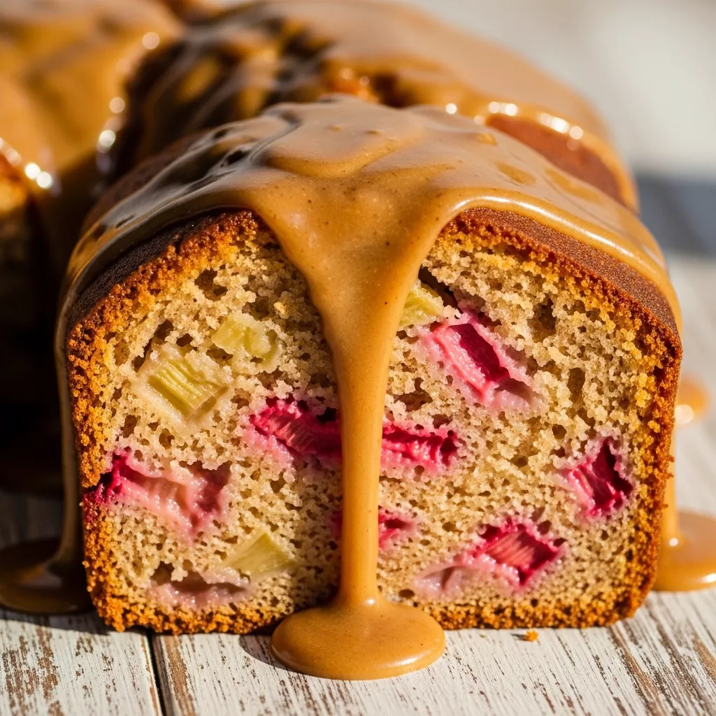Close-up of a slice of Golden Hour Rhubarb Cake with a generous drizzle of golden brown butter glaze on a rustic wooden surface.