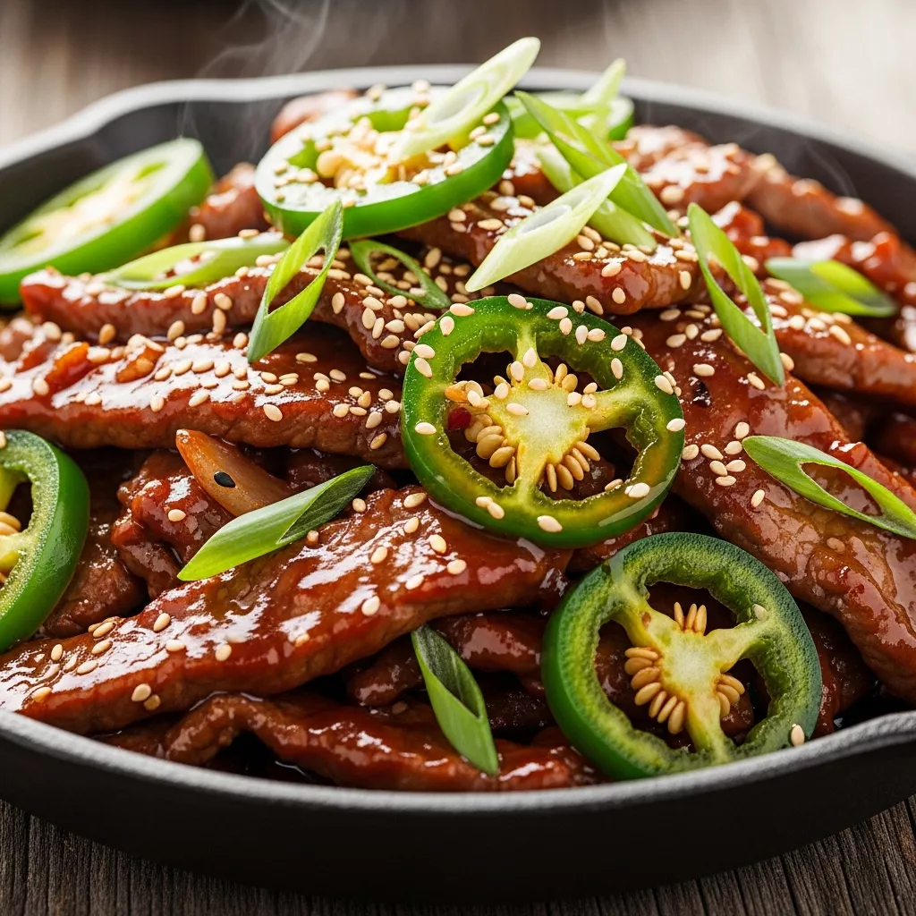Macro close-up of Sizzling Sweet Heat Jalapeño Beef Stir-Fry with glossy sauce, tender beef, fresh jalapeños, green onions, and sesame seeds.