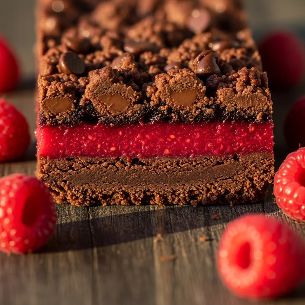Macro close-up of a decadent dark chocolate raspberry bar slice, showing rich chocolate crust, vibrant raspberry filling, and chocolate crumble topping.