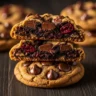 Macro close-up of Decadent Cherry Mocha Chocolate Chip Cookies, one broken to show gooey chocolate and cherries.