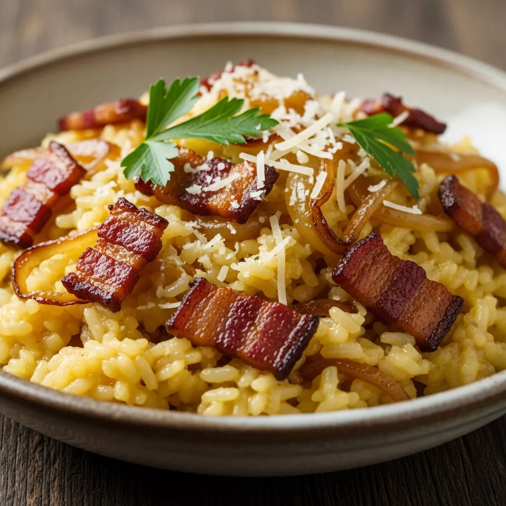 Macro close-up of creamy Golden Caramelized Onion and Crispy Beef Turkey Bacon Risotto in a rustic bowl, garnished with parsley and Parmesan.