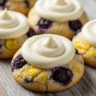 Macro close-up of lemon blueberry cheesecake cookies with cream cheese swirl