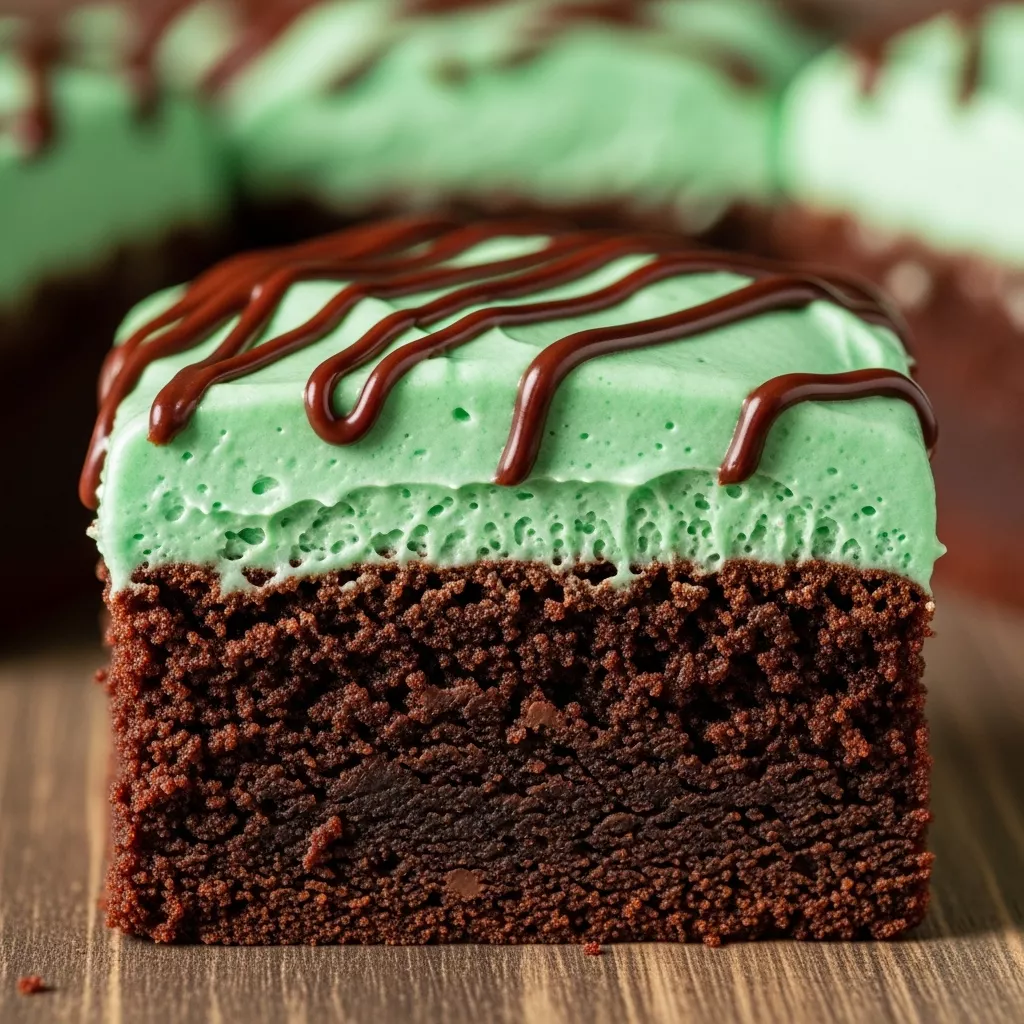 A close-up of a perfectly cut Emerald Isle Mint Fudge Brownie with vibrant green frosting and chocolate drizzle.