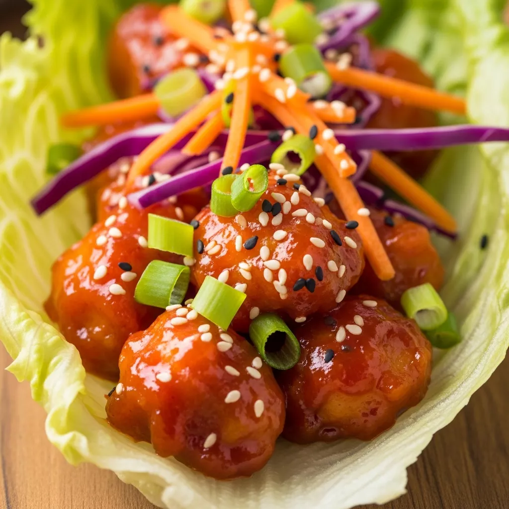 Macro close-up of Blazing Firecracker Chicken Wraps in a lettuce cup, showing saucy chicken, shredded carrots, red cabbage, and green onions.