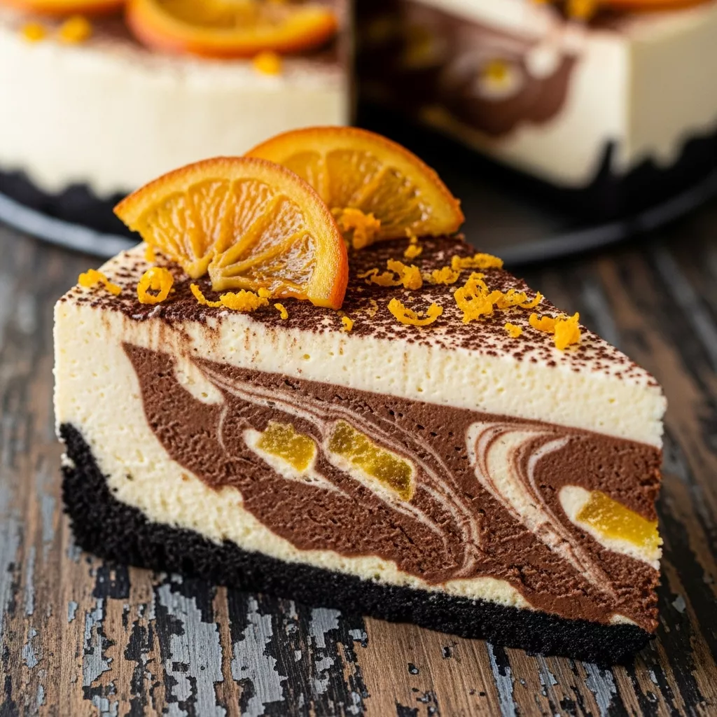Macro close-up of a slice of Velvety Chocolate Orange Dream Cheesecake with marbled chocolate swirls, orange zest, and a thick chocolate cookie crust on a rustic wooden table.