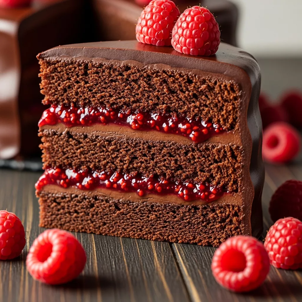 Macro close-up of a slice of decadent Velvet Crimson Chocolate Raspberry Dream Cake with glossy ganache and fresh raspberries.