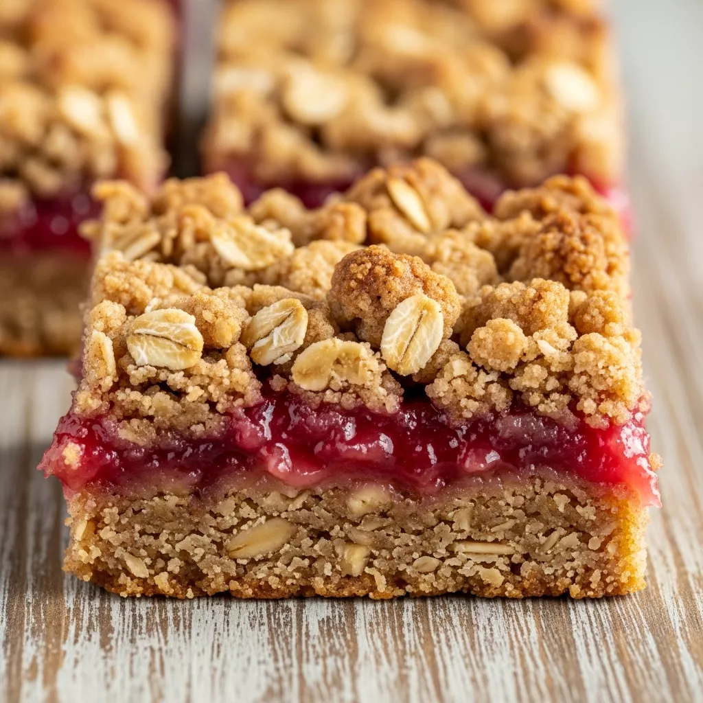 A close-up of a freshly baked Old-Fashioned Amish Rhubarb Oatmeal Crumb Bar, showcasing golden oat crumble, vibrant pink rhubarb filling, and a wholesome oat base on a rustic wooden table.