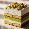Close-up of a slice of Velvet Pistachio Cloud Tiramisu with creamy layers and vibrant green pistachios