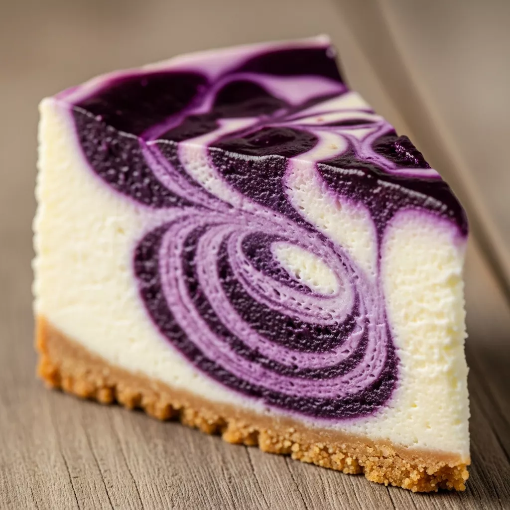 Macro close-up of Enchanting Midnight Blueberry Dream Cheesecake slice with deep indigo swirls, creamy white filling, and graham cracker crust on a rustic wooden surface.