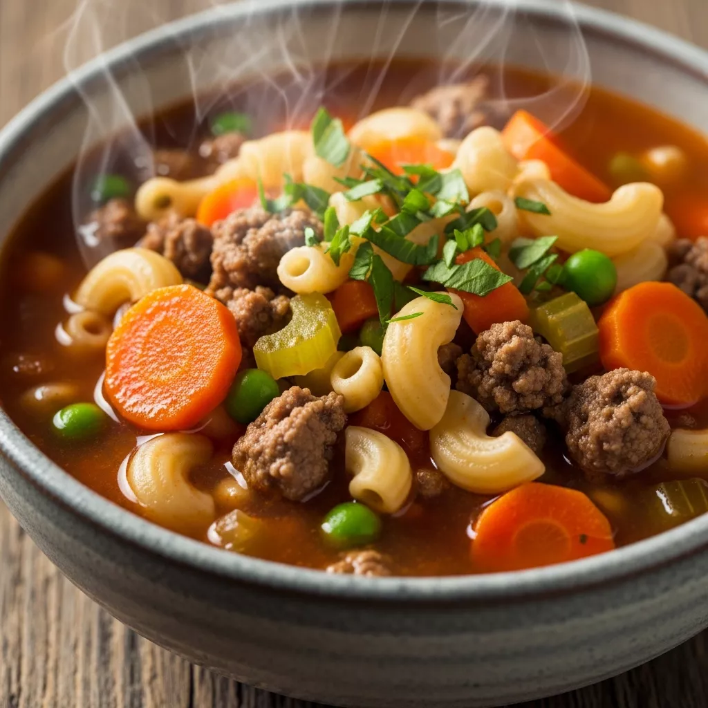 Close-up of Wholesome Homestyle Beef Macaroni Soup with ground beef, macaroni, vegetables, and fresh parsley in a rustic bowl.